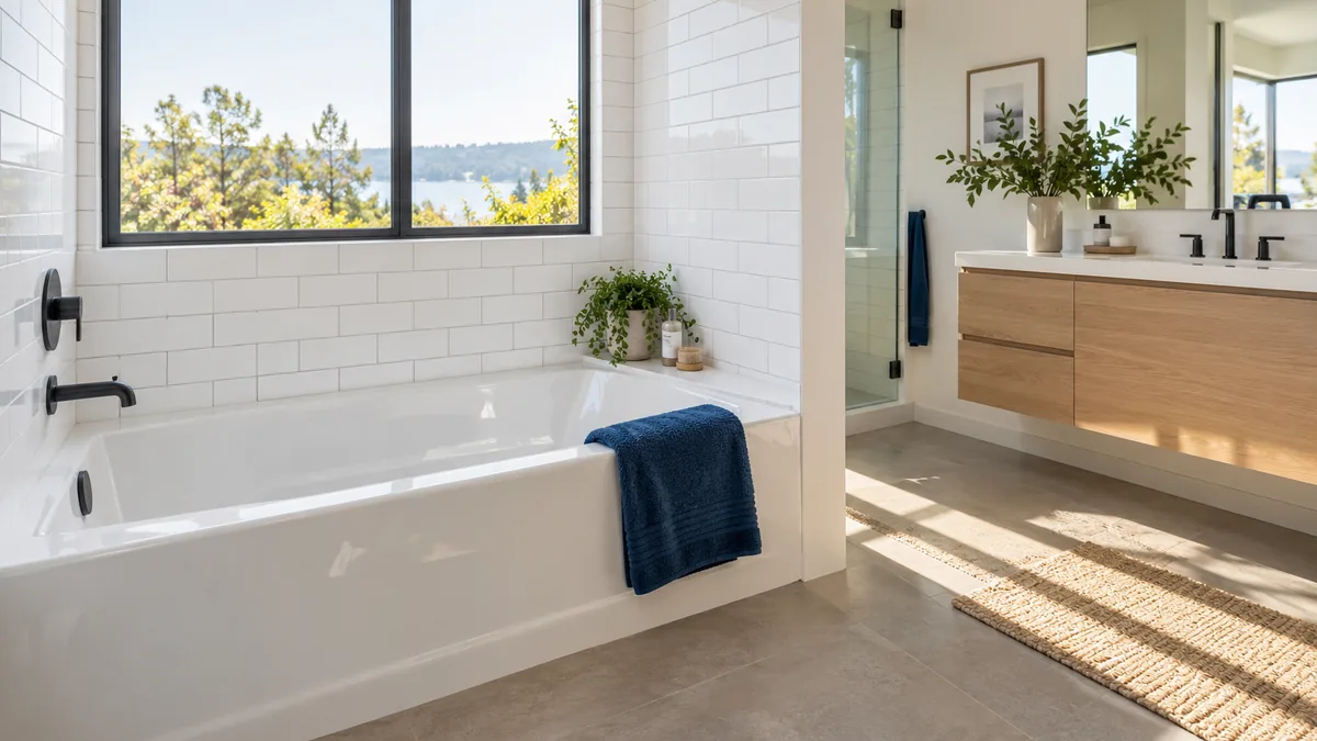 Wide bright master bath: white garden tub, glass shower, arched window, walk-in closet door