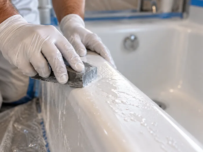 Close detail of a white tub filling from a chrome wall faucet, subway tile