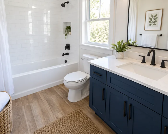 Bright small bathroom: white subway tile shower, toilet, white vanity, round mirror