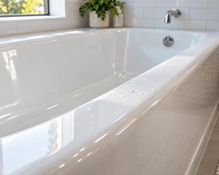Clean white corner tub with chrome faucet under a glass-block window