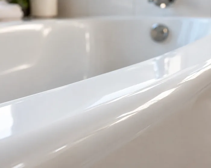 Close detail of a tub rim with a rolled white towel, shallow focus